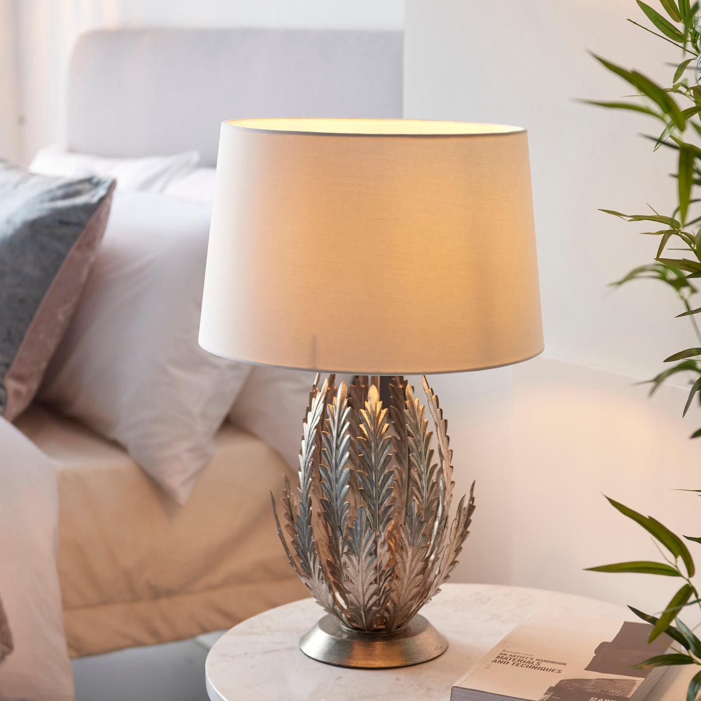 Lacona Delphi 1Lt Indoor Table Lamp In Silver Leaf & Ivory Cotton Fabric Finish - Lacona Home 