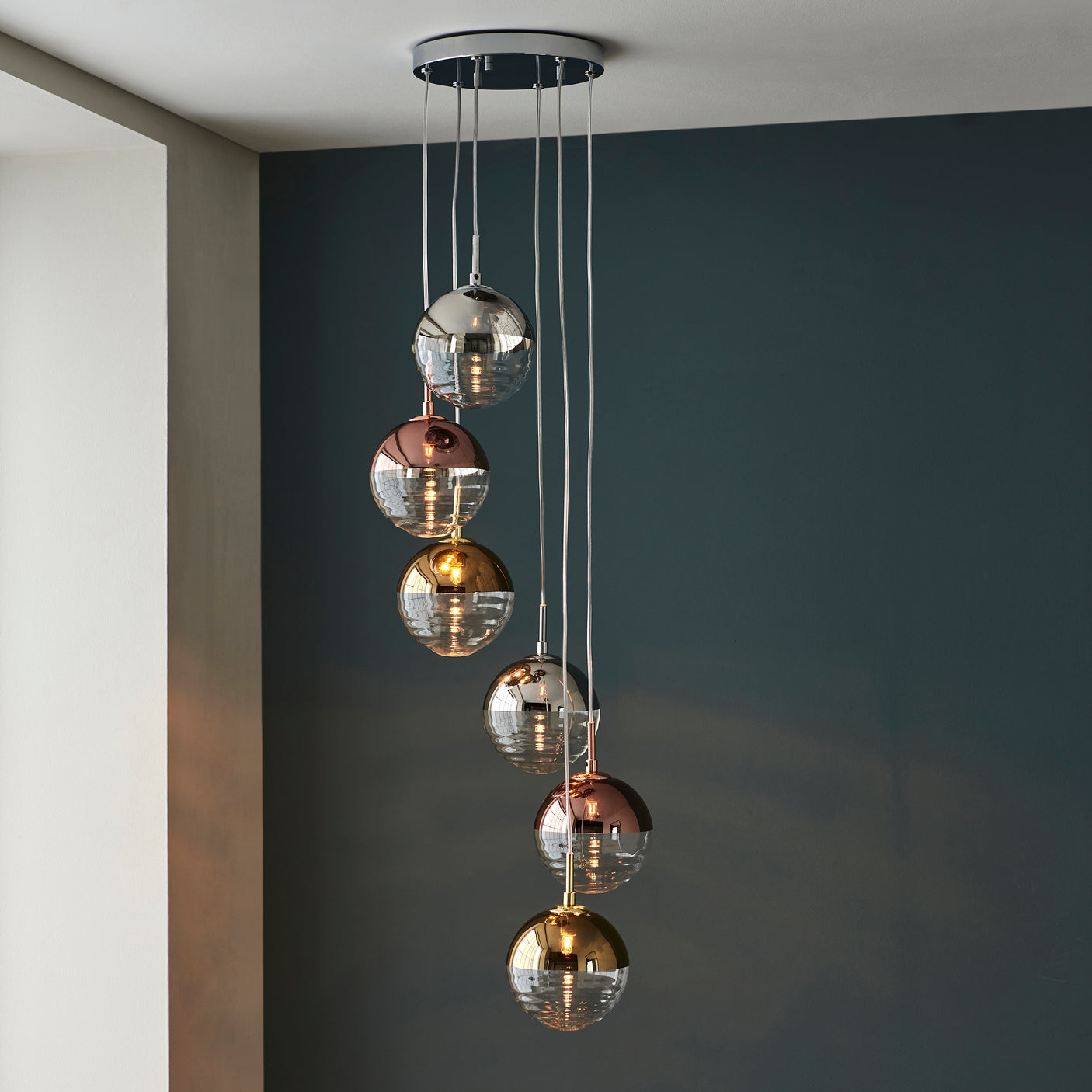 Lacona Dove 6Lt Indoor Pendant Light In Chrome Plate With Chrome, Copper, Gold & Clear Glass Finish - Lacona Home 