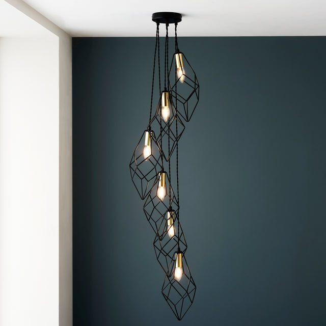 Lacona Jett 6Lt Indoor Pendant Light In Matt Black & Gold Effect Plate Finish - Lacona Home 