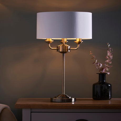 Lacona Highgate 3Lt Indoor Table Lamp In Antique Brass Plate & Vintage White Fabric Finish - Lacona Home 