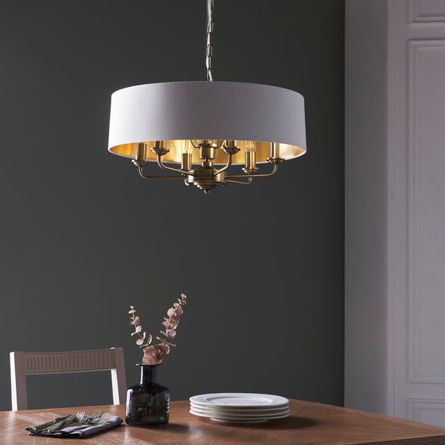 Lacona Highgate 6Lt Indoor Pendant Light In Antique Brass Plate & Vintage White Fabric Finish - Lacona Home 