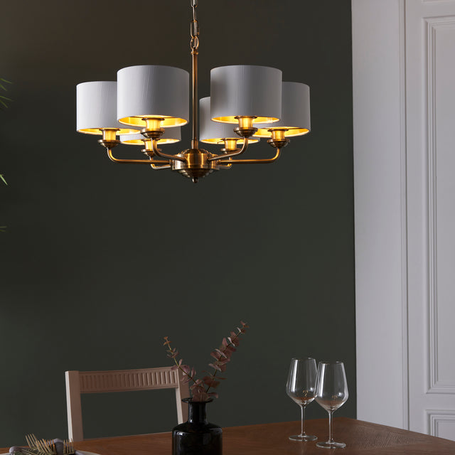 Lacona Highgate 6Lt Indoor Pendant Light In Antique Brass Plate & Vintage White Fabric Finish - Lacona Home 