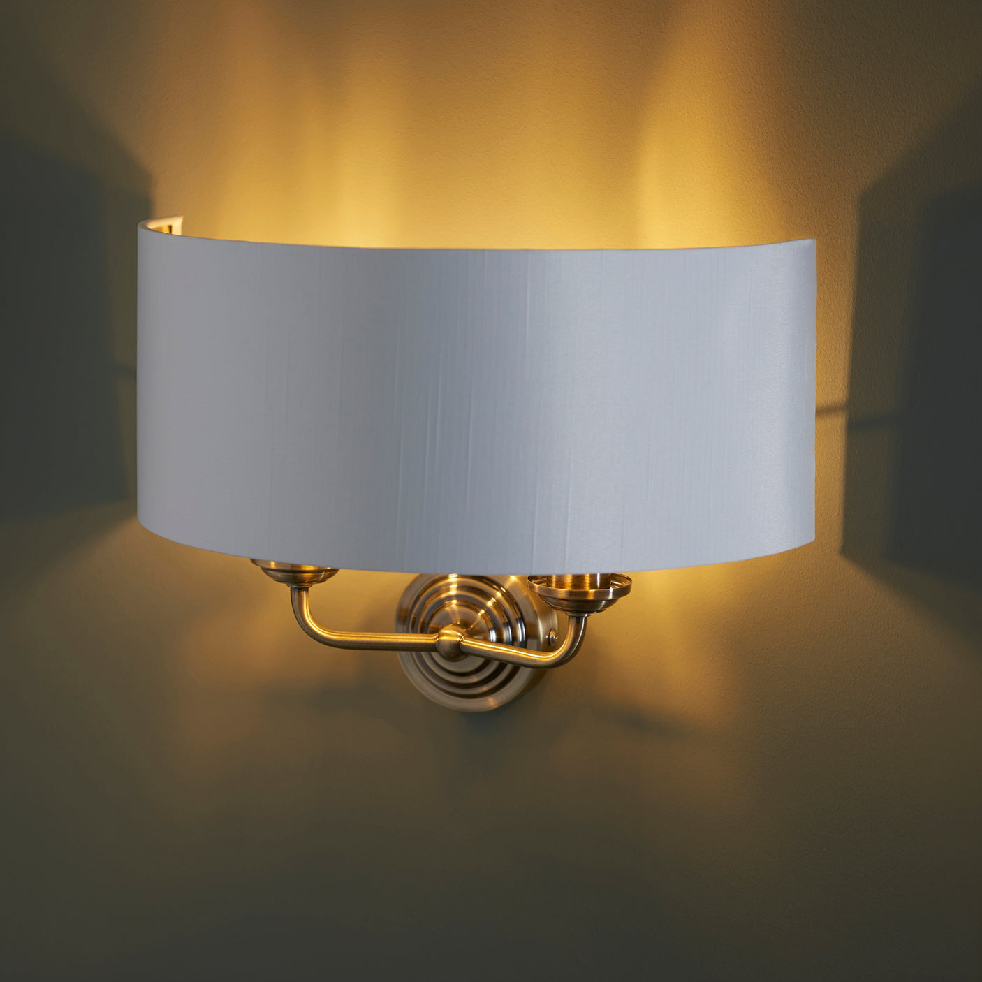 Lacona Highgate 2Lt Indoor Wall Light In Antique Brass Plate & Vintage White Fabric Finish - Lacona Home 