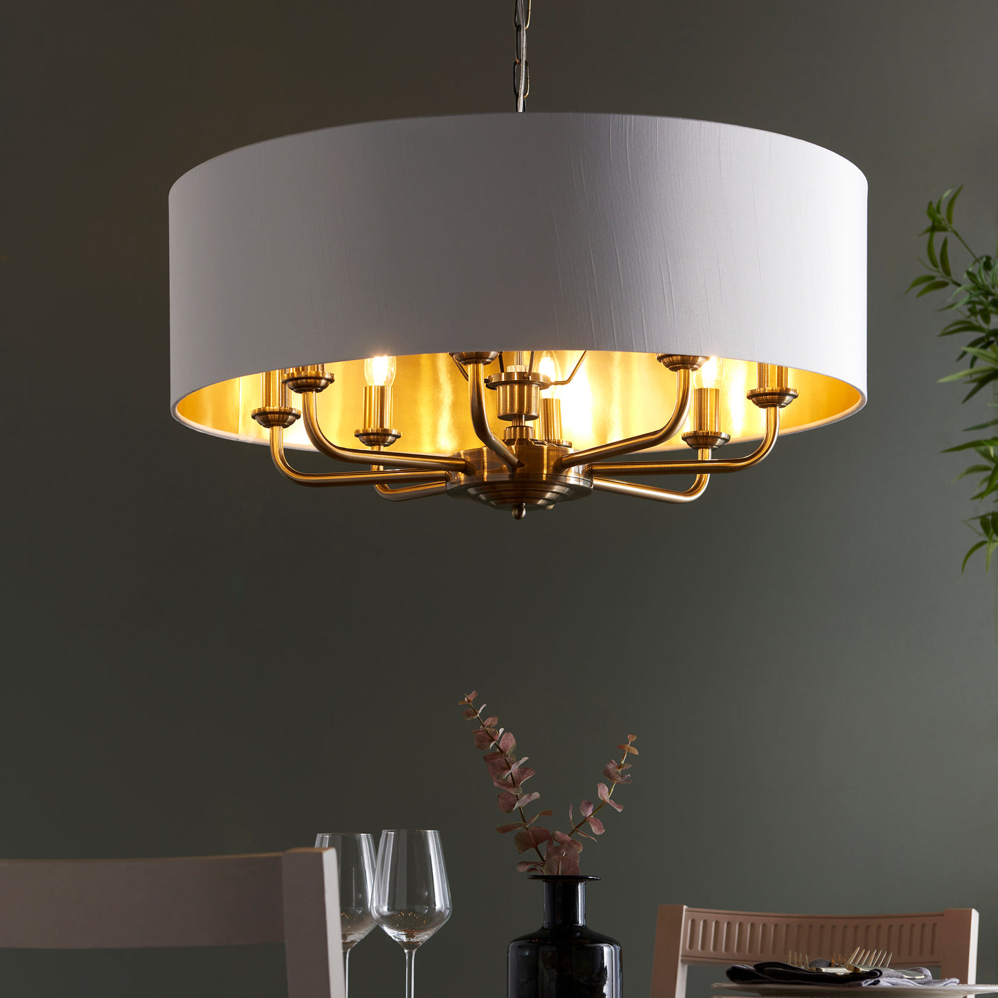 Lacona Highgate 8Lt Indoor Pendant Light In Antique Brass Plate & Vintage White Fabric Finish - Lacona Home 