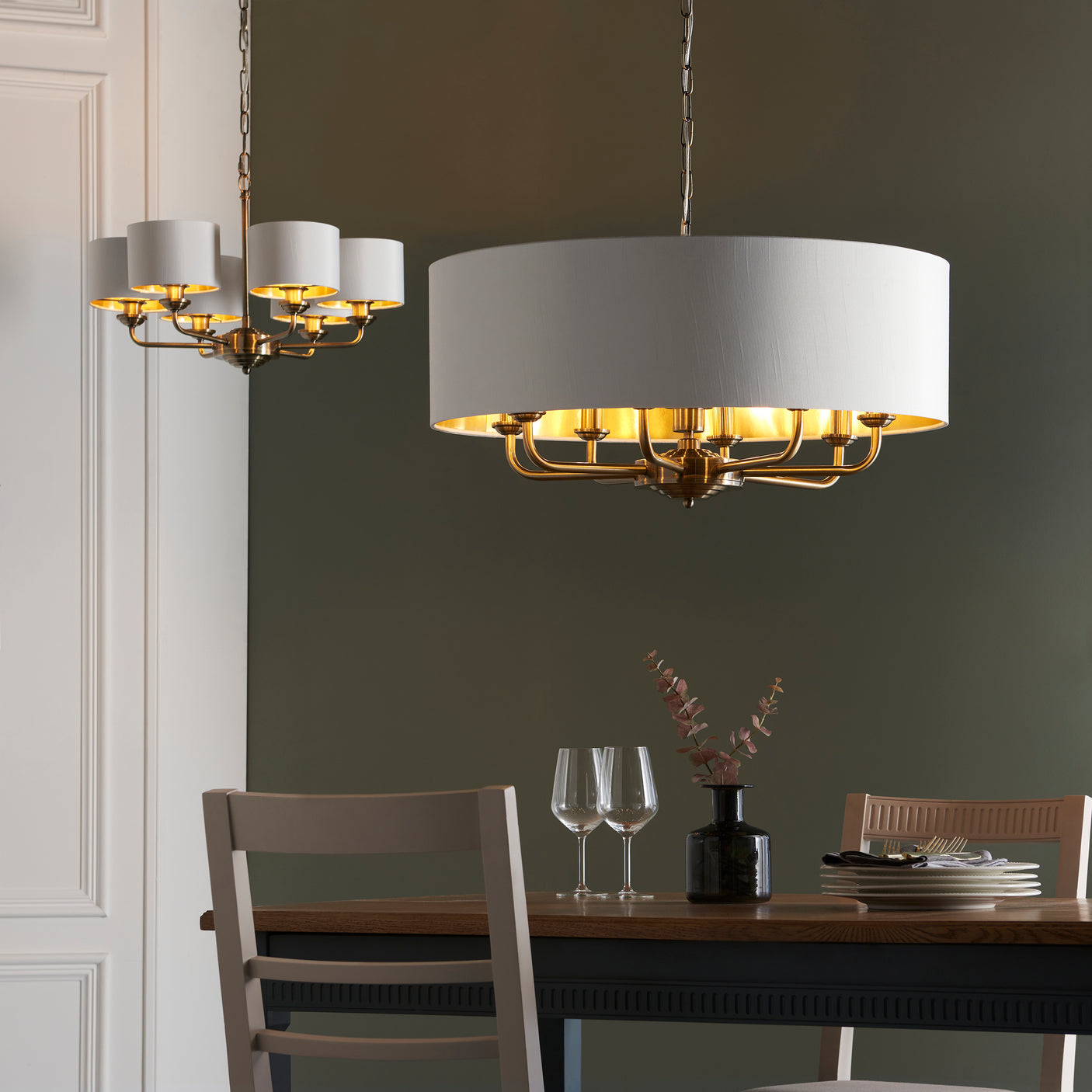 Lacona Highgate 8Lt Indoor Pendant Light In Antique Brass Plate & Vintage White Fabric Finish - Lacona Home 