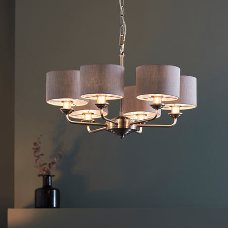 Lacona Highgate 6Lt Indoor Pendant Light In Brushed Chrome Plate & Natural Linen Finish - Lacona Home 